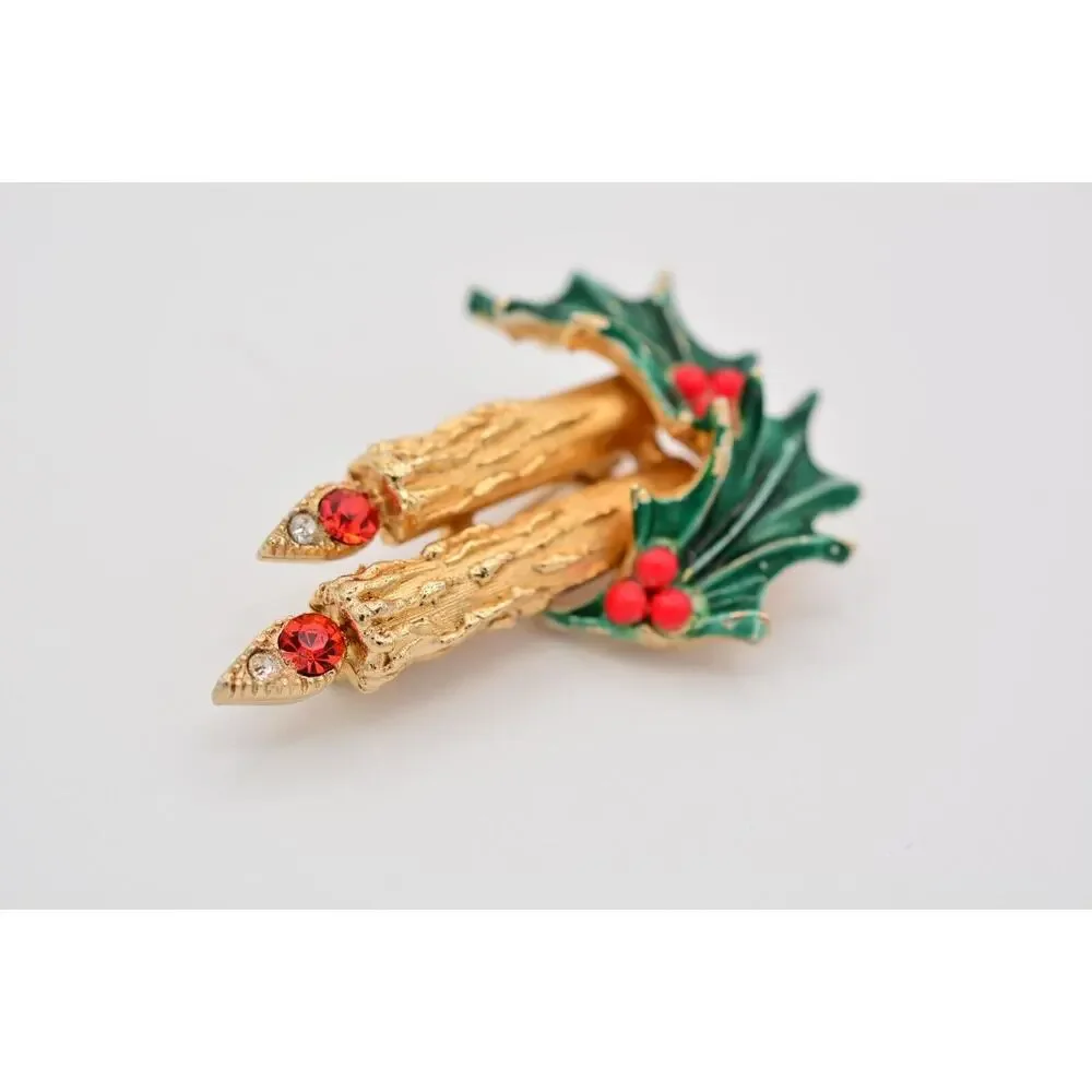 Art Vintage Pin Brooch Candle Enamel Gold Rhinestone Christmas Signed 80s BinAT